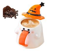 Halloween Ghost Mug Lid and Handle, Cute Ceramic Tea Coffee Cup, White Porcelain Party Drinkware for Home, Restaurant, Hotel, Farmhouse, Counter, Apartment Decoration Round