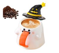 Halloween Ghost Mug Lid and Handle, Cute Ceramic Tea Coffee Cup, White Porcelain Party Drinkware for Home, Restaurant, Hotel, Farmhouse, Counter, Apartment Decoration Round