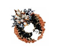 Halloween Ghost Wreath for Front Door Rustic Burlap Wreath with Plaid Bow for Farmhouse Porch Window Wall Decor