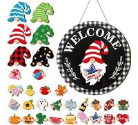 Halloween Gnome Interchangeable Welcome Sign | Wood, 30x30cm, 32 Accessories | Magnetic DIY Seasonal Door Decor With Removable Hats | Front Door, Porch & Wall Decoration For Fall & Halloween