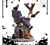 Halloween Haunted House, Resin Village Statue Glowing Decoration, Spooky Ghost Horror Design Table Ornament, Resin Accent Display, for Bedroom Kitchen Garage Fireplace Decor, 4.92x3.54x6.89 Inches