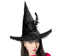 Halloween Hexenhut - Satin Spitze Hut 44 x 39 cm 120 g | Verkleidungshut mit Rosen und Federn | Kostüm Hexenhut Damen Maskerade Party Cosplay | Dekorativer Hexen Hut für Halloween Karneval Fasching