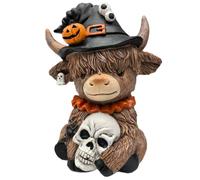Halloween Highland Cattle Statues, Resin Cow Sculpture Ornament, Rustic Seasonal Figurine, Hand-Painted Festive Accent Fall Display for Table, Shelf, Garden, Kitchen, Apartment, Farmhouse, Home Use