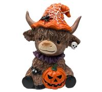 Halloween Highland Cattle Statues, Resin Cow Sculpture Ornament, Rustic Seasonal Figurine, Hand-Painted Festive Accent Fall Display for Table, Shelf, Garden, Kitchen, Apartment, Farmhouse, Home Use
