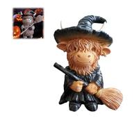 Halloween Highland Cow Figurine,Desktop Decoration Christmas Scene Resin Ornament,Highland Cow Statue with Pumpkin Skull and Witch Hat,Unique for Cow Lovers Home Decor (C)