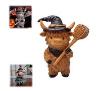 Halloween Highland Cow Figurine,Desktop Decoration Christmas Scene Resin Ornament,Highland Cow Statue with Pumpkin Skull and Witch Hat,Unique for Cow Lovers Home Decor (E)