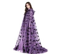 Halloween Hooded Cosplay Costume - Witch Cloak Mesh Bat Print Apparel Cape | Festival Long Cape with Hood for Women Masquerade Carnival Holiday Party Prom Stage Role