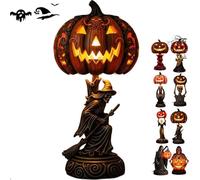 Halloween Horror Themed Pumpkin Lights, Gothic Resin Lantern with Skull & Witch Design, Lantern Halloween Ornaments, Uniquely Designed Resin Pumpkin Lantern,Fantasy Dark Aesthetic Night Light (E)