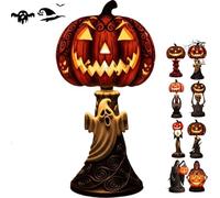 Halloween Horror Themed Pumpkin Lights, Gothic Resin Lantern with Skull & Witch Design, Lantern Halloween Ornaments, Uniquely Designed Resin Pumpkin Lantern,Fantasy Dark Aesthetic Night Light (F)