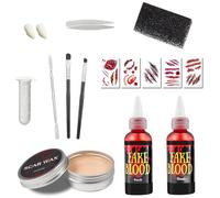 Halloween Kit de Sangre Falsa, Sangre Falsa Maquillaje, Sangre Artificial Realista, 30ml Sangre Falsa Fresca, 30ml Fake Blood Oscura, Dientes de Zombi, Brocha de Maquillaje y Esponja (A)