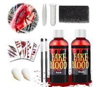 Halloween Kit de Sangre Falsa, Sangre Falsa Maquillaje, Sangre Artificial Realista, 60ml Sangre Falsa Fresca, 60ml Fake Blood Oscura, Dientes de Zombi, Brocha de Maquillaje y Esponja