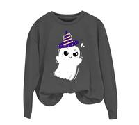 Halloween Kostüm Pullover Damen Sweatshirt Damen Baumwolle ohne Kapuze Pulli Rundhals mit Geister Print Tops Locker Langarm Hoodie Horror Karneval Festival Sweatshirts Langarmshirts, gris, L