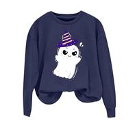 Halloween Kostüm Pullover Damen Sweatshirt Damen Baumwolle ohne Kapuze Pulli Rundhals mit Geister Print Tops Locker Langarm Hoodie Horror Karneval Festival Sweatshirts Langarmshirts, marine, L