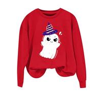 Halloween Kostüm Pullover Damen Sweatshirt Damen Baumwolle ohne Kapuze Pulli Rundhals mit Geister Print Tops Locker Langarm Hoodie Horror Karneval Festival Sweatshirts Langarmshirts, rojo, L