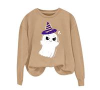 Halloween Kostüm Pullover Damen Sweatshirt Damen Baumwolle ohne Kapuze Pulli Rundhals mit Geister Print Tops Locker Langarm Hoodie Horror Karneval Festival Sweatshirts Langarmshirts, caqui, L