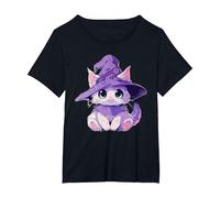 Halloween Lindo Gatito Gato Gatito con Sombrero de Bruja gráfico para niñas Camiseta, Mujer Tallas Grandes, Negro, 1XL Grande