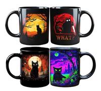 Halloween Midnight Mystery Black Cat Mug, 11 Oz/320ml Halloween Mugs Set of 4, Spooky Ceramic Coffee Cup with Gothic Castle Design, Cat Lover Gift (4PCS)