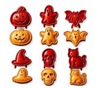 Halloween Mini Pie Moulds for Baking, Reusable Hand Pie Maker Mould Kit with Ghost Pumpkin Skull Bat Cat Shapes,Embossed Biscuit Cookie Cutters for Halloween Desserts (6pcs*e)