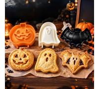 Halloween Mini Pie Moulds for Baking, Reusable Hand Pie Maker Mould Kit with Ghost Pumpkin Skull Bat Cat Shapes,Embossed Biscuit Cookie Cutters for Halloween Desserts (3pcs*G)