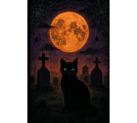 Halloween Notebook | cat in the cemetery - full moon | Size 6”x9” | 100 Blank White Pages: A notebook with a cover depicting a green-eyed cat in a ... notes, for school, or keeping a journal.