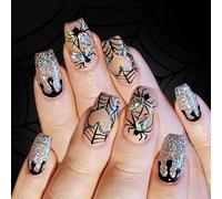 Halloween Press On Nails Consejos Franceses De Acrílico Falso Falso Pegado En Stick On Women Halloween Press En Uñas