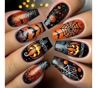 Halloween Press On Nails Length Square Shape With Cobweb Design ABS For Party Costume Nails Art ABS Material Halloween False Nail