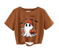Halloween Print Cropped T Shirt Lustig Pumpkin Geist Druck Oberteil mit Kurzh Rundhalsausschnitt Lässiges Gothic Top für Everyday Casual Halloween Statement Faschingskostüme, O Café., L