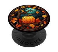 Halloween Pumpkin Stained Glass Black Autumn Leaves PopSockets PopGrip Adhesivo