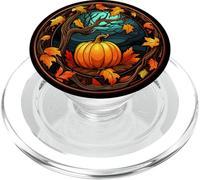 Halloween Pumpkin Stained Glass Black Autumn Leaves PopSockets PopGrip para MagSafe