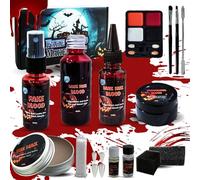 Halloween Sangre Falsa Kit,60ml+30ml Sangre Falsa Lavable con Dientes de Vampiro,Seguro y no Tóxico,Para Hallowee, Zombie, Vampiro,Cosplay,Maquillaje Payaso Teatro