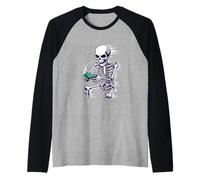 Halloween Skeleton Gamer Playing Video Games Camiseta Manga Raglan