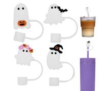 Halloween Straw Topper, 4-Pack Reusable Silicone Ghost Straw Covers, 1.57x1.85 inches Funny Spooky Drink Accessories for Kids, Girls, Boys, Thanksgiving, and Christmas Party Decorations