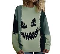 Halloween Sweaters for Women 2025 Spooky Face Print Stitched Cozy Knit Sweater Funny Patchwork Festival Tops