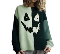 Halloween Sweaters for Women 2025 Spooky Face Print Stitched Cozy Knit Sweater Funny Patchwork Festival Tops