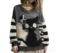 Halloween Sweaters for Women 2025 Spooky Face Print Stitched Cozy Knit Sweater Funny Patchwork Festival Tops