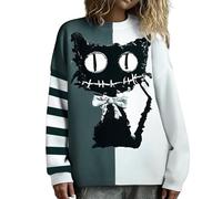 Halloween Sweaters for Women 2025 Spooky Face Print Stitched Cozy Knit Sweater Funny Patchwork Festival Tops