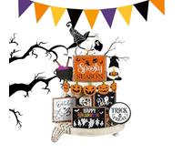 Halloween Tiered Tray Decorations, Spooky Wooden Signs, Pumpkin Ghost Table Decor, 5.12x3.54x4.33 Inches, Rustic Festive Accents, Ideal for Bookshelf, Cabinet, Den, Bedroom, Living Room Display