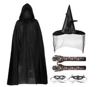 Halloween Traje Bruja, Adulto Disfraz de Bruja, Disfraz Bruja Mujer Halloween, Sombrero de Bruja de Halloween, Capa Negra con Capucha, Guantes de Bruja, Venda para Los Ojos de Bruja (A)