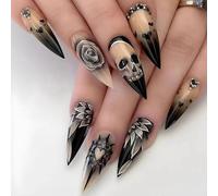 Halloween Uñas Postizas, 24 Pieza Francesas Adhesivas Uñas Press on Nails, Artificiales Uñas Acrílicas Cubierta Completa para Mujeres Niñas Salón de Uñas DIY