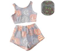 Halloween Vest Pajamas Set - Cute Pumpkin & Ghost Print, Glow-in-The-Dark Vest Cozy Flannel Pumpkin & Ghost PJS Shorts (#6,L)