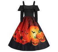 Halloween Vestidos de mujer Vintage, Impreso Calabaza Carnaval Trapecio Vestido Manga Larga Swing Chic Traje Moda Cosplay Años 50 Pin Up Vestido De Noche Plisado