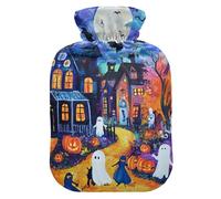 Halloween Village - Botella de agua caliente azul noche con funda de terciopelo suave, bolsa de agua caliente para calentador de pies y alivio del dolor, 2 litros
