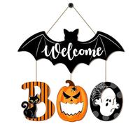 Halloween Welcome Door Sign - Wooden 32x34cm Ghost Bat Hanging Front Door Decoration 1 Piece - Rustic Seasonal Porch Wall - Indoor Outdoor Halloween Entryway Decor