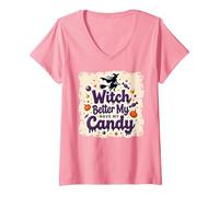Halloween Witch Better Have My Candy Trick or Treat Camiseta Cuello V, Mujer, Rosado, S