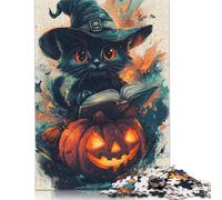 Halloween Witch Black Cat Puzzle Imposible,desafío for Adults Entretenimiento Creativo 1000 Piezas Obra De Arte De Juego De para Adultos Y Niños A Partir De 12 Años 500pcs (52x38cm)