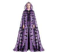Halloween Witch Cape, Double-Layer Sheer Mesh Hooded Halloween Cloak | Bat Print Halloween Cosplay, Costume Robe Dress Up, Halloween Party Cosplay Costume For Women Masquerade Carnival Prom