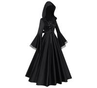 Halloween Witch Costume Dress Hooded Gothic Long Dress With Belt Bow