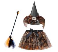Halloween Witch Costumes, Kid Witch Outfit, Cosplay Accessories Set with Broom Skirt Hat, Elastic Dress Up Kit for Girls Party Themed Photoshoots Masquerade Stage Performance, Multicolor