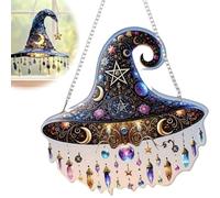 Halloween Witch Hat Design Hanging Ornament, Charming Moonlight Witch Acrylic Stained Glass Window Hanging, Witchs Hat Shaped Hangings Pendant for Homes,Rooms,Party
