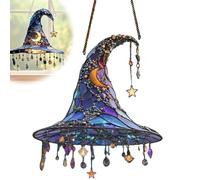 Halloween Witch Hat Design Hanging Ornament, Charming Moonlight Witch Acrylic Stained Glass Window Hanging, Witchs Hat Shaped Hangings Pendant for Homes,Rooms,Party